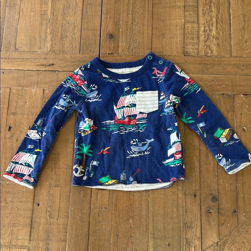 Baby Boden blue nautical print reversible gray stripe long sleeve 12-18 months